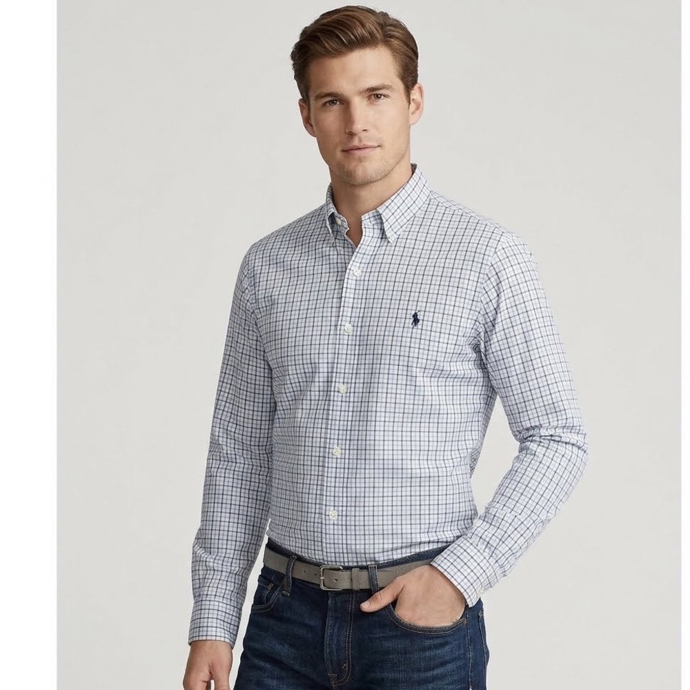 Ralph Lauren Mens Classic Fit Performance Shirt Blue White Check L Sophisticated